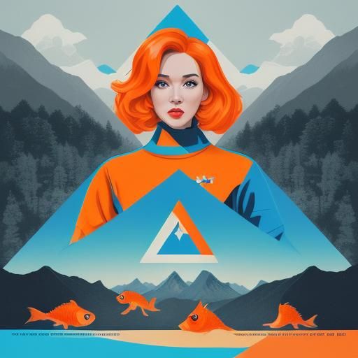 Goldfish and Misty Mountain in Pop Art Style