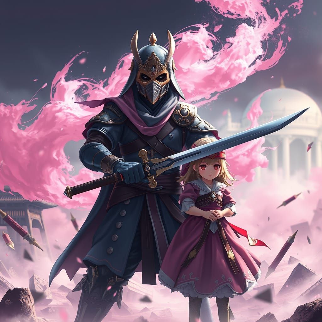 Commander Protects Princess in War-Torn Anime Landscape