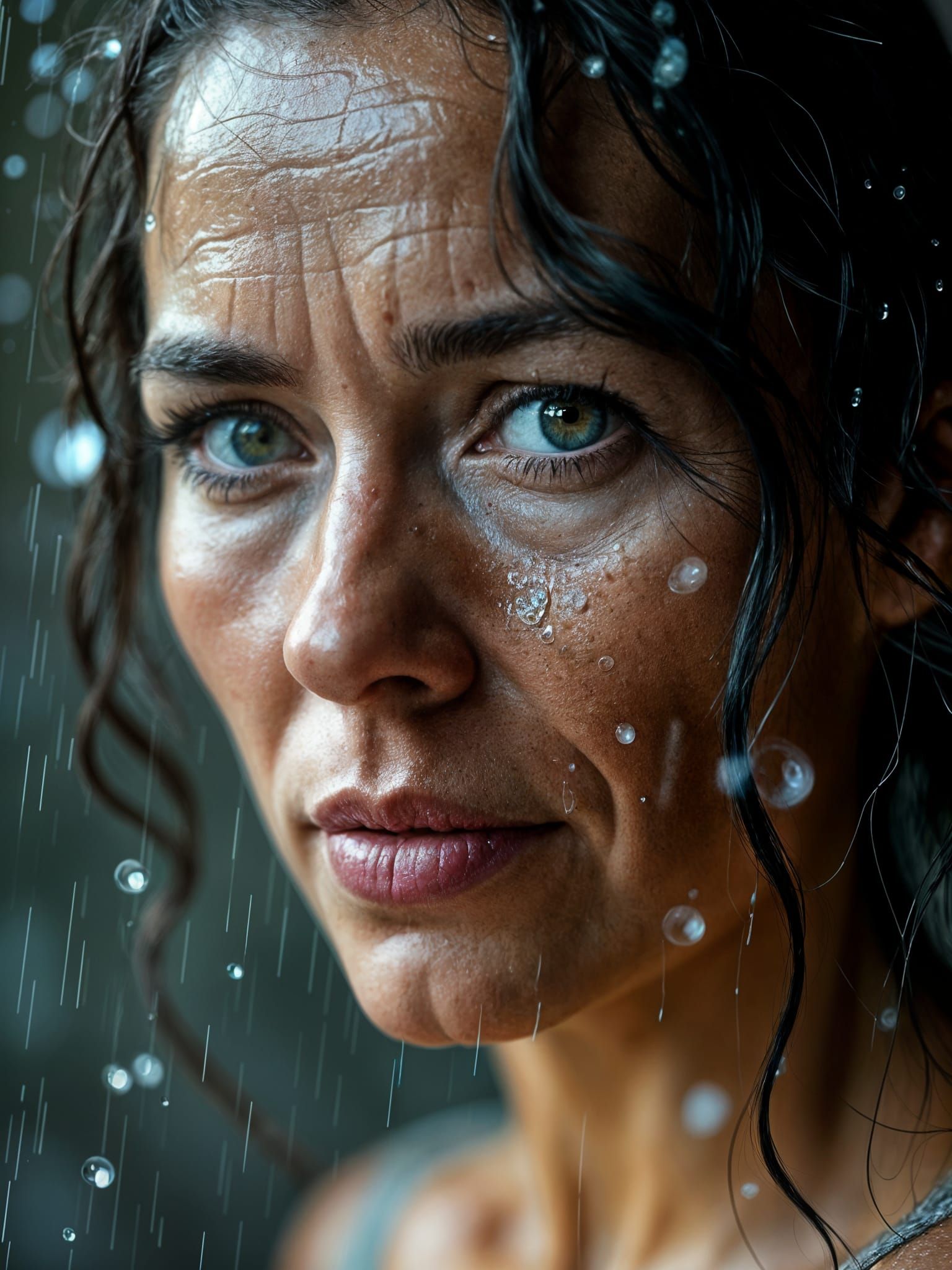 Detailed Portrait of Woman with Rainwater Distortion