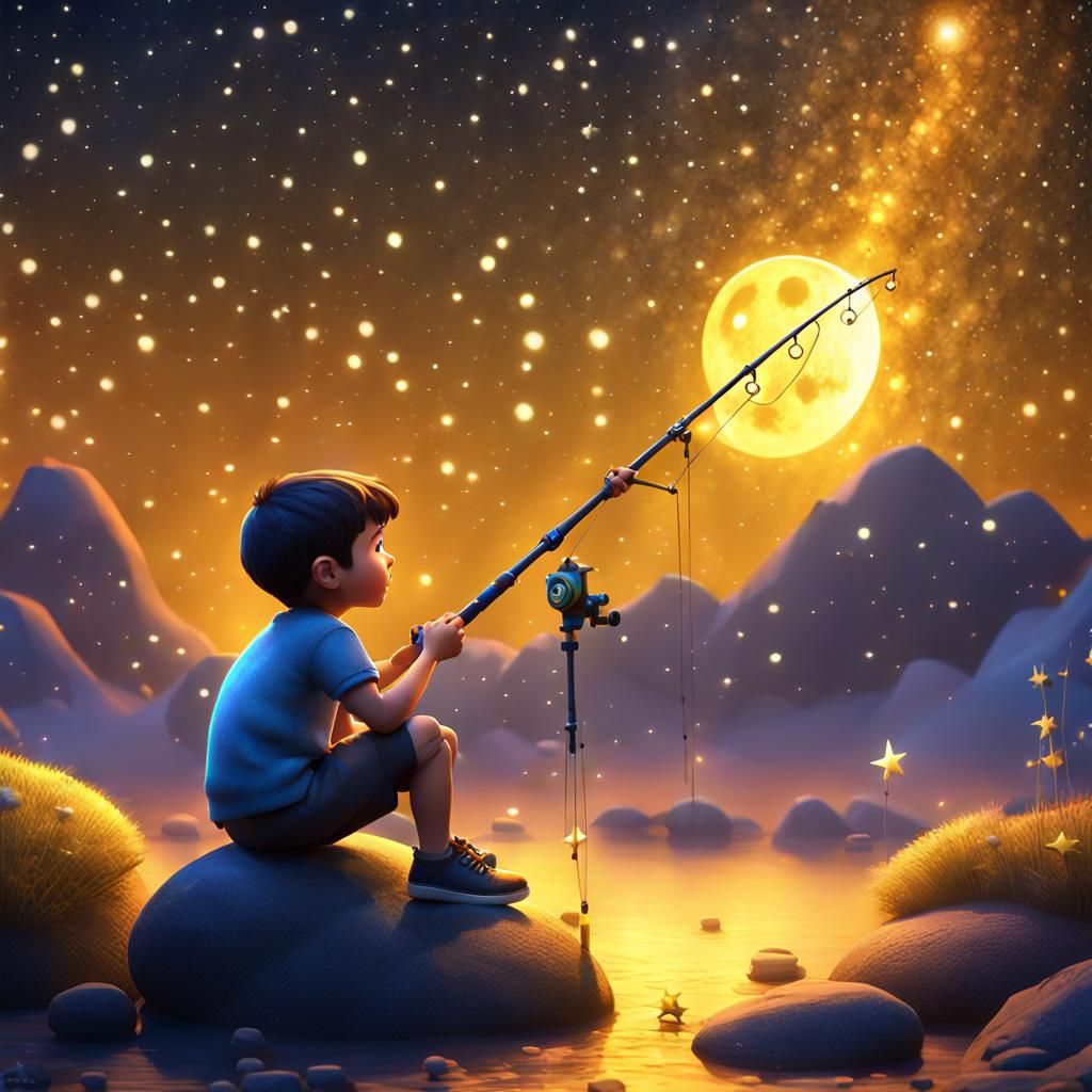 Boy Fishing for Stars on the Moon: 3D Digital Art