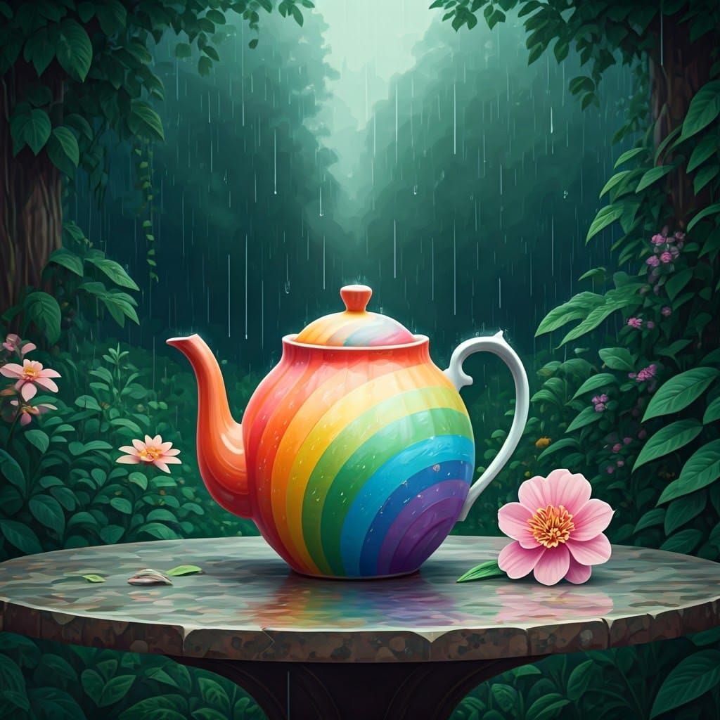 Rainbow colourd teapot in the rain.