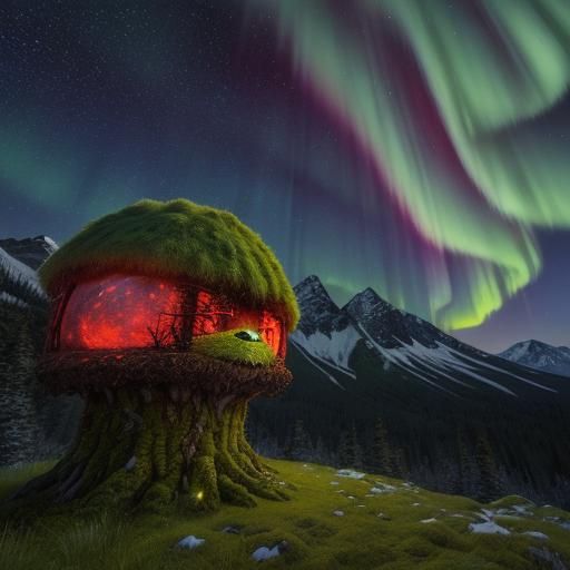 A hyper photorealistic beautiful mossy monster in the mounta...