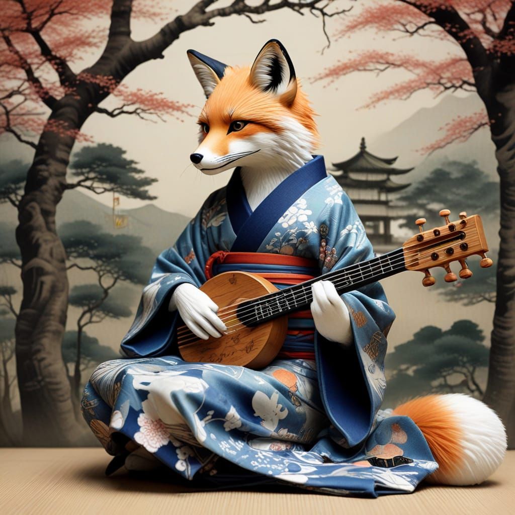 Fox Geisha Plays Shamisen in Sumi-e Style