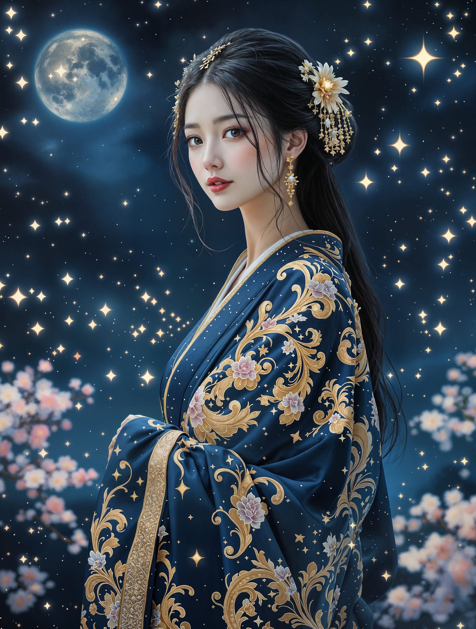 Impressionistic Night Scene with Traditional Japanese Woman ...