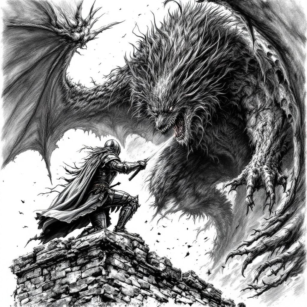 Knight Defends Castle Tower from Fiendish Beast