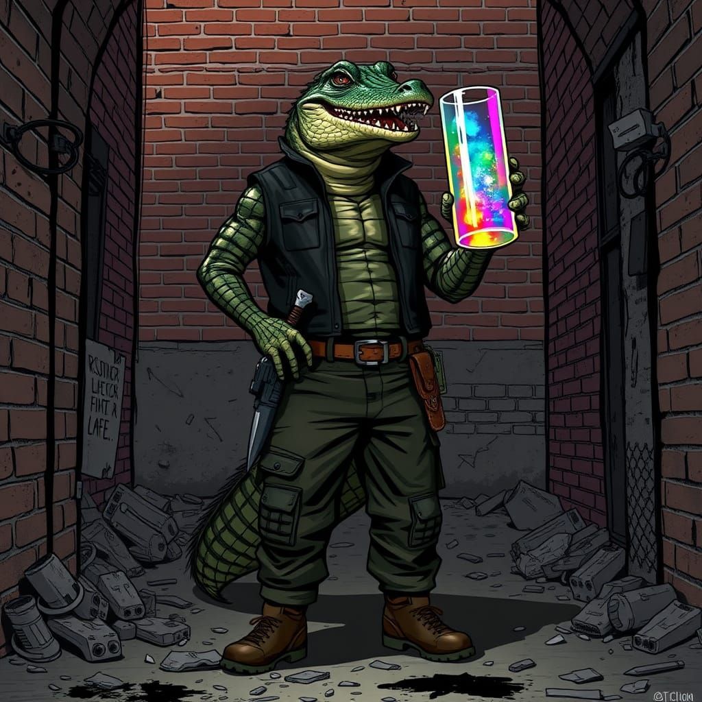 Urban Crocodile with Iridescent Substance in Cyberpunk Style