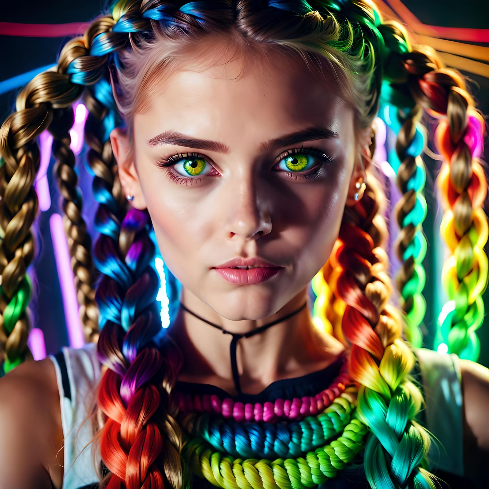 Hypnotic Portrait with Colorful Eyes and Braids