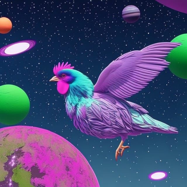 Vaporwave Chicken Flies Through Colorful Galaxy