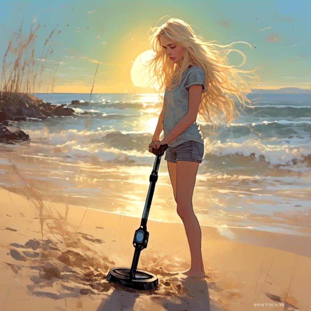 Girl with Metal Detector on Beach in Sunlight