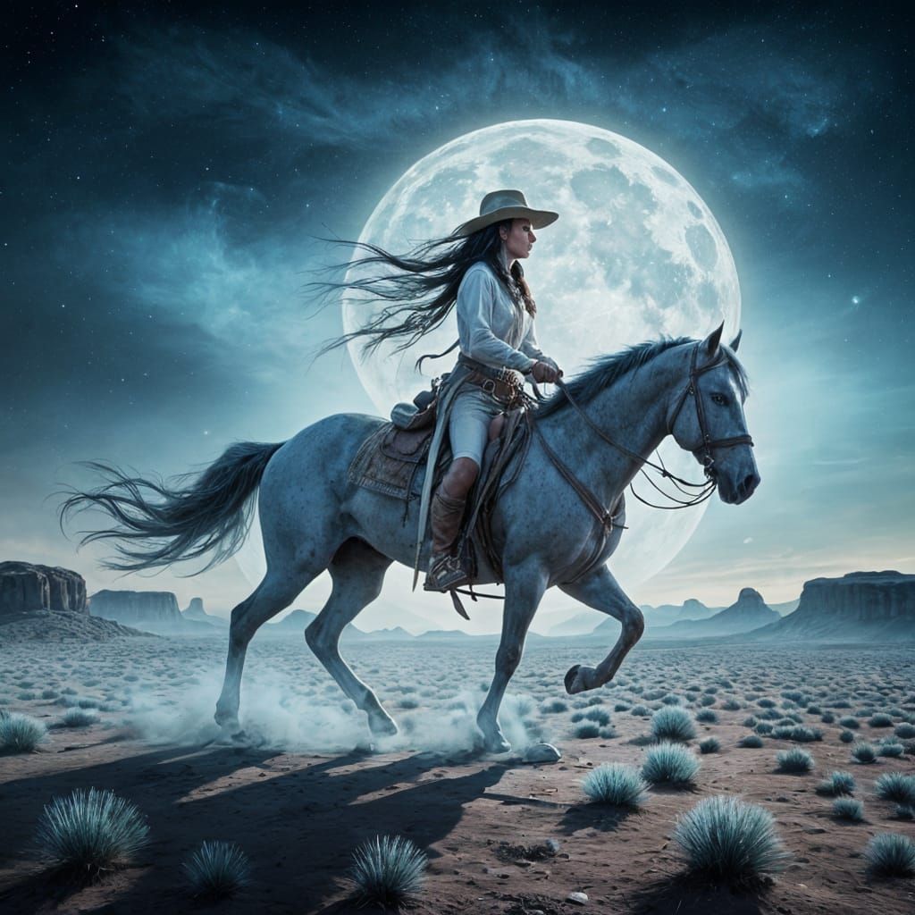 Ethereal Cowgirl Rides Phantom Horse Under Moonlight Prairie