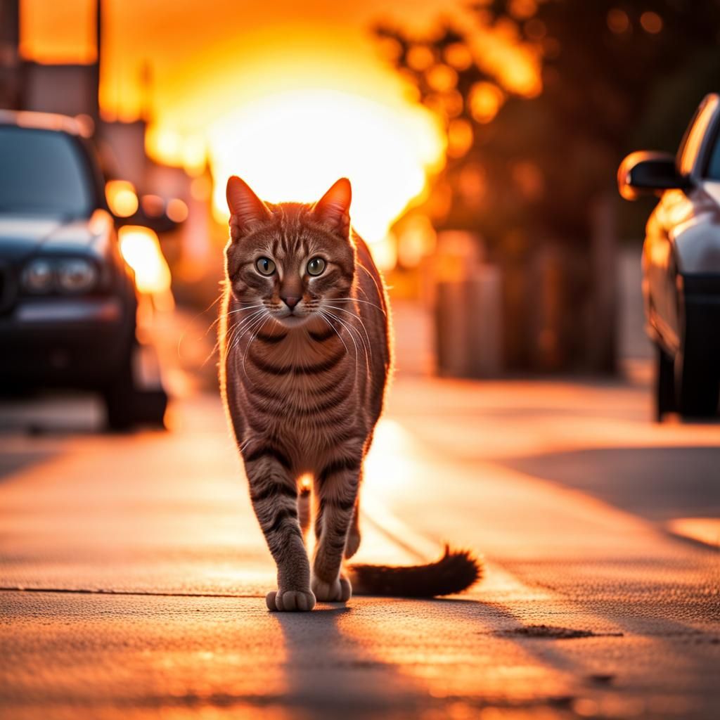 Tabby Cat Walks in Bright Orange Sunrise