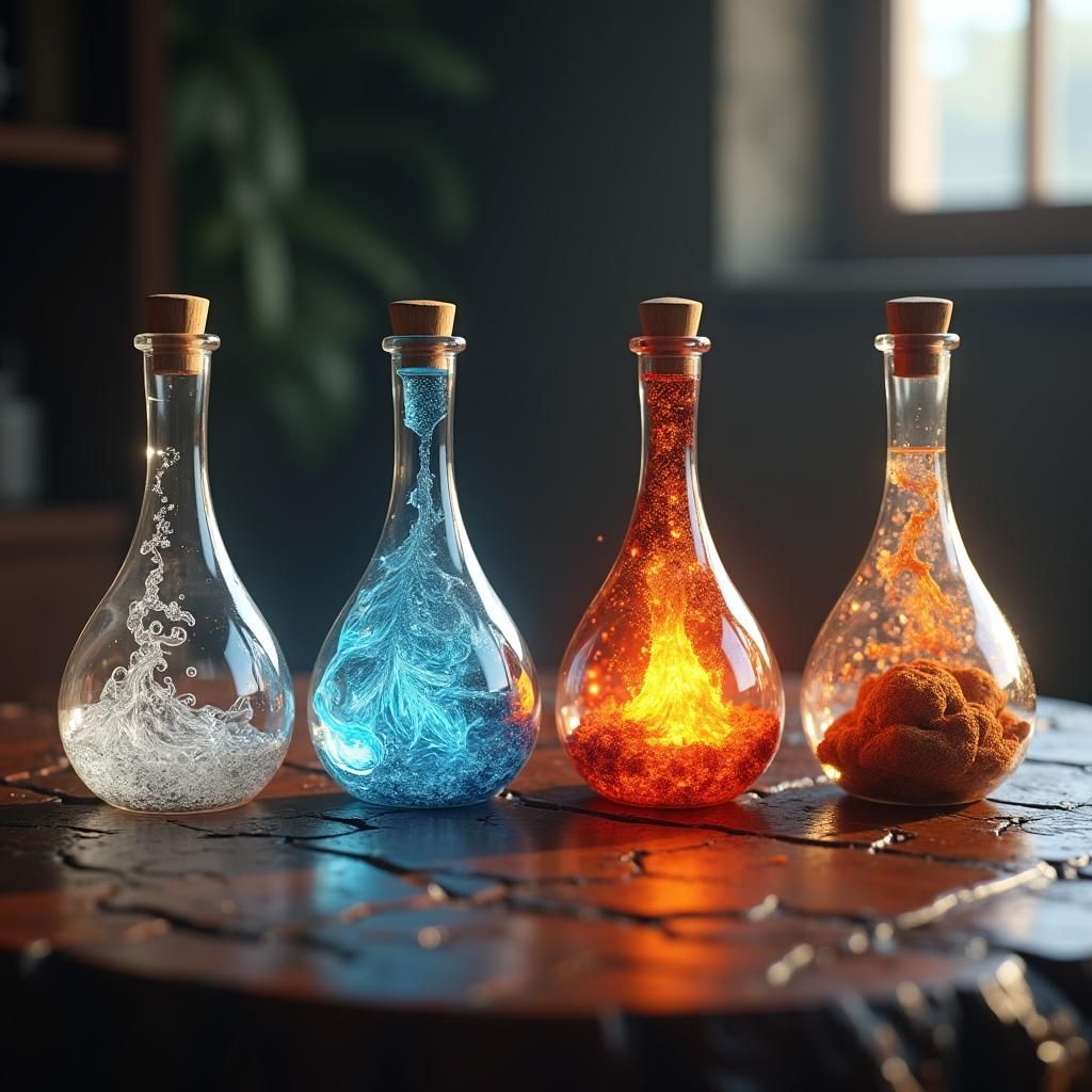 Elemental Glass Bottles in 3D Anime Style