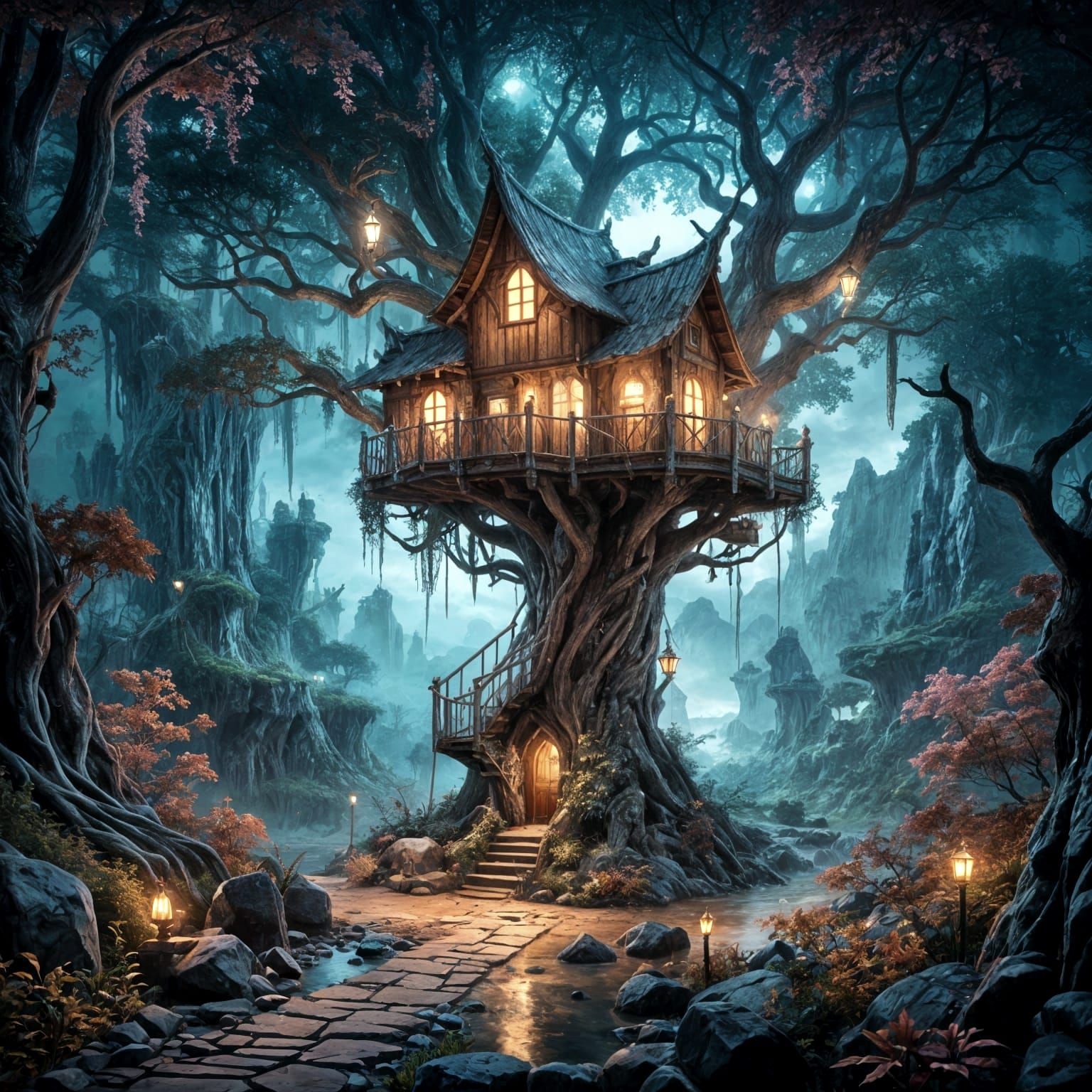 Enchanted Medieval Treehouse in Lush Fantasy Landscape