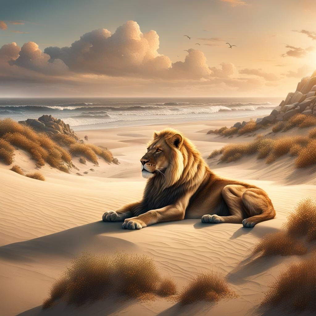 Woman and Lioness on Beach: Detailed Matte Painting