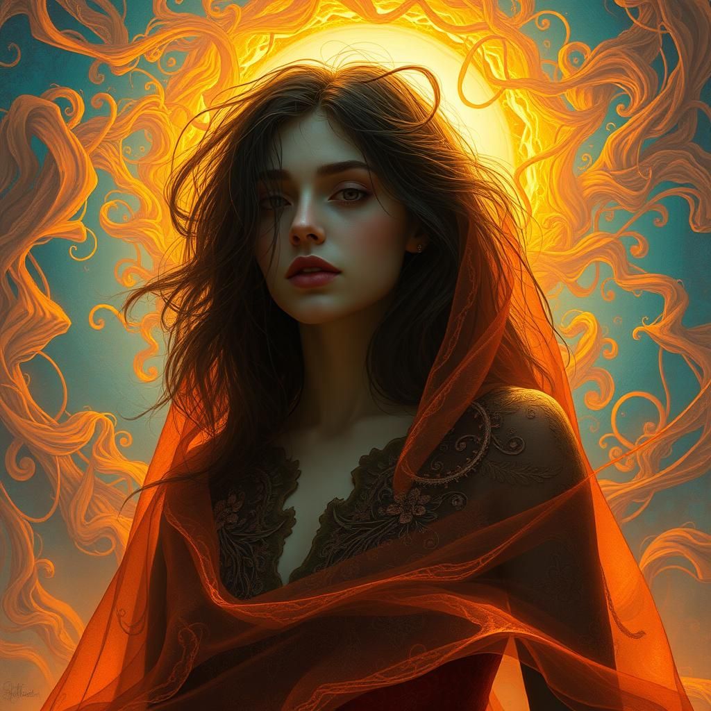 Woman in Golden Light: Surreal Dark Fantasy Art