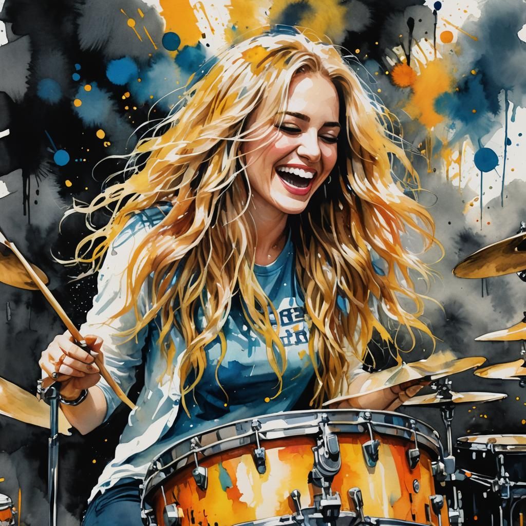 Watercolor Drummer in Jazz Club with Ink Splatters