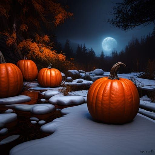 Fall changing to winter with frost on pumpkins,