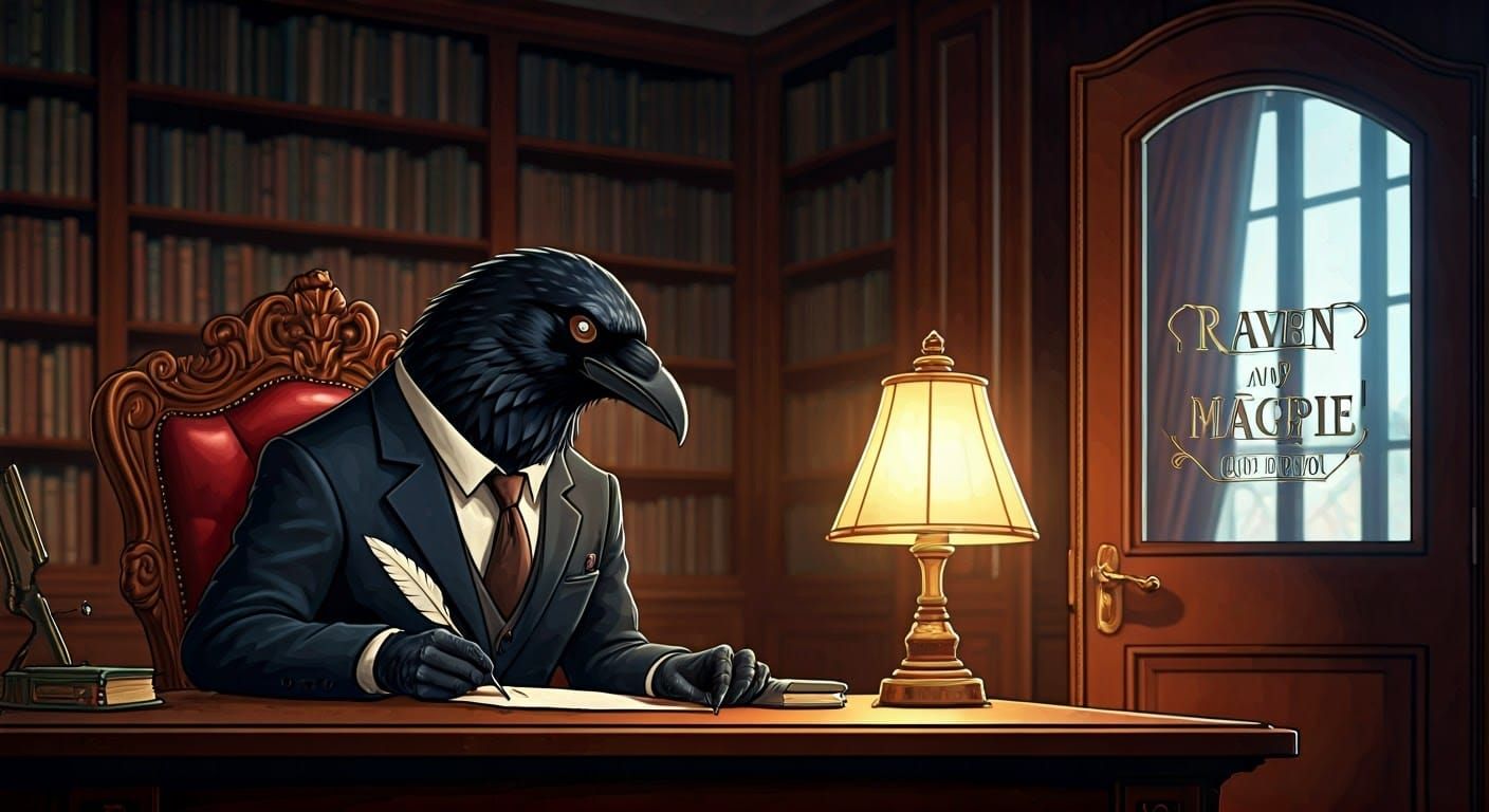 Raven in Suit Sits at Desk Writing with Quill