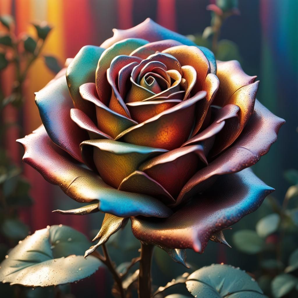 detailed metal rose, metal rose garden, Hyperrealistic, splash art, concept art, mid shot, intricately detailed, color d...
