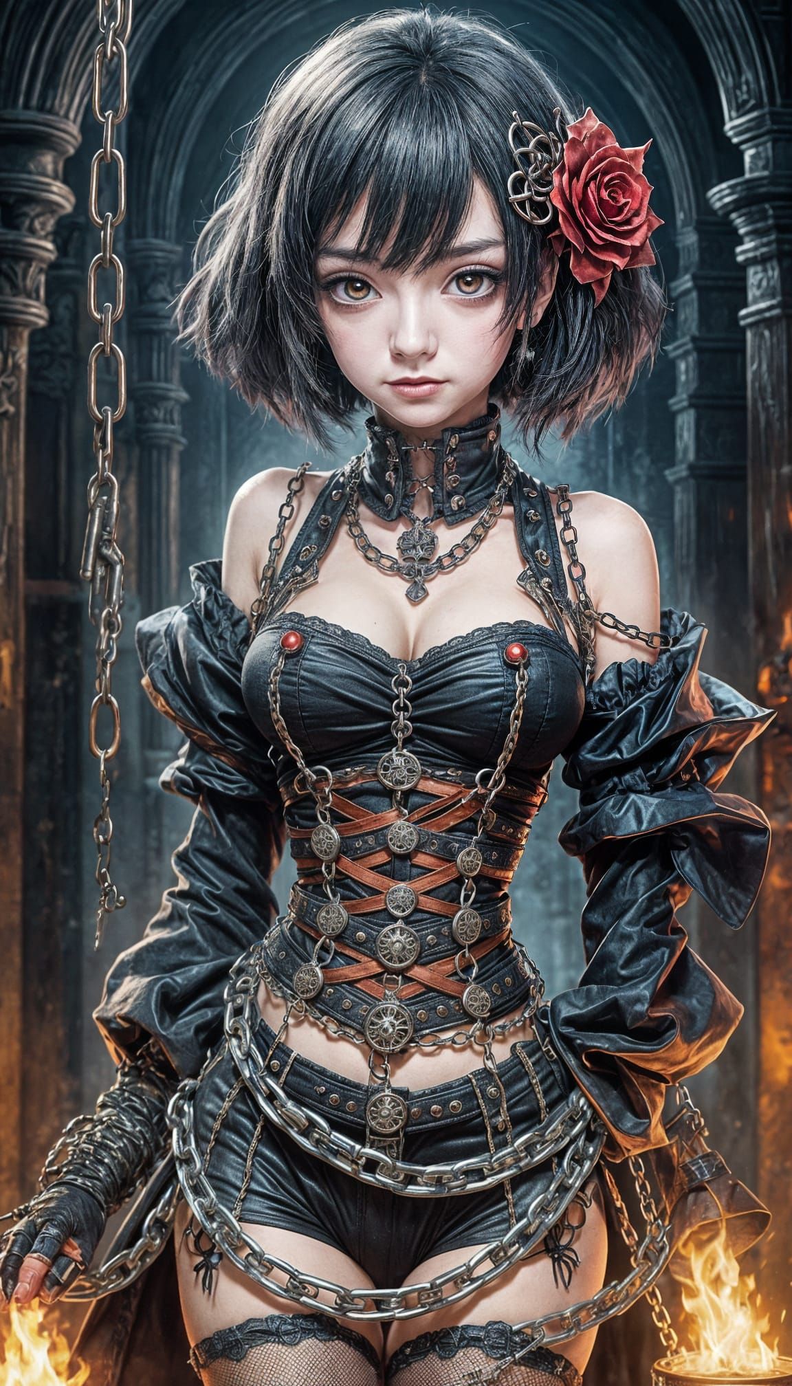 Horrorpunk Courtesan in Gothic Dungeon, Anime Style