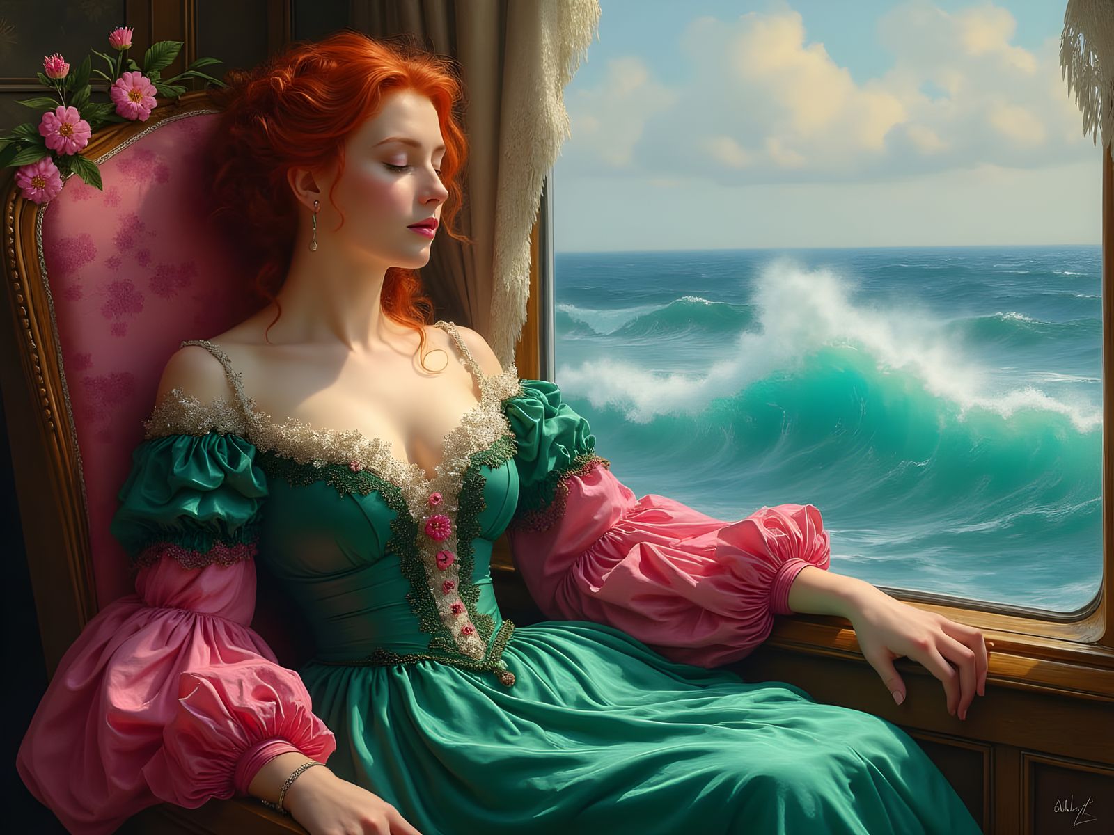 Elegant Victorian Lady Asleep by Turquoise Sea
