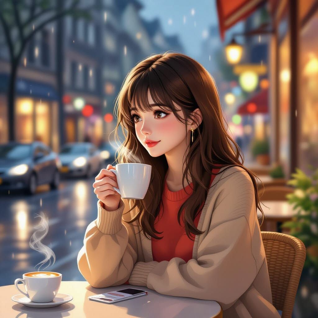 Rainy Evening Cafe Scene in Anime Style