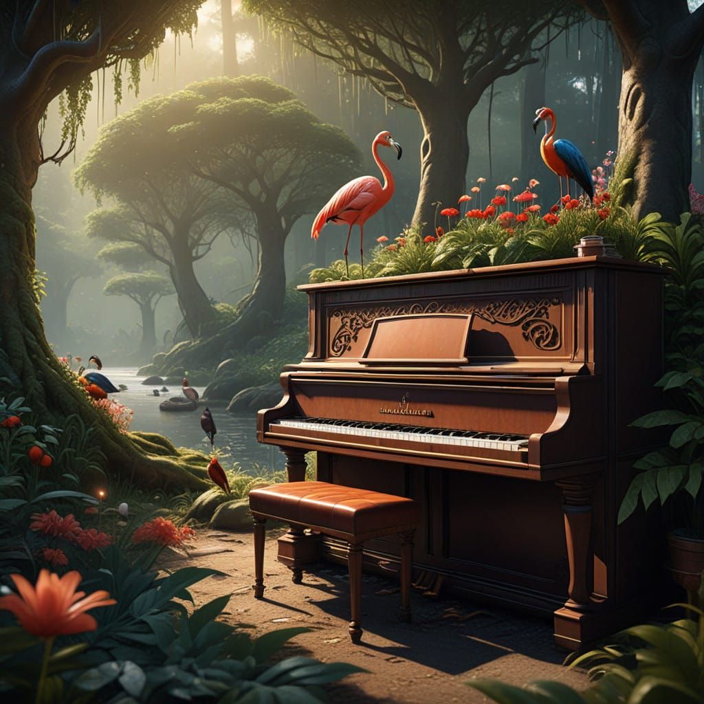 Birds Play Harmonious Instruments in Enchanted Forest Scene