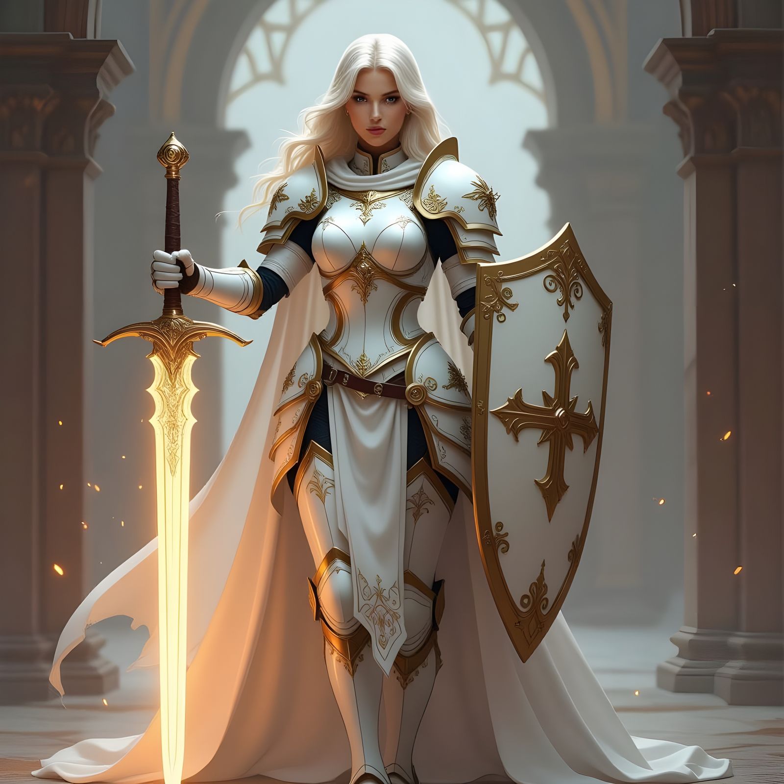 Elegant Female Paladin in Shining White Plate Armor