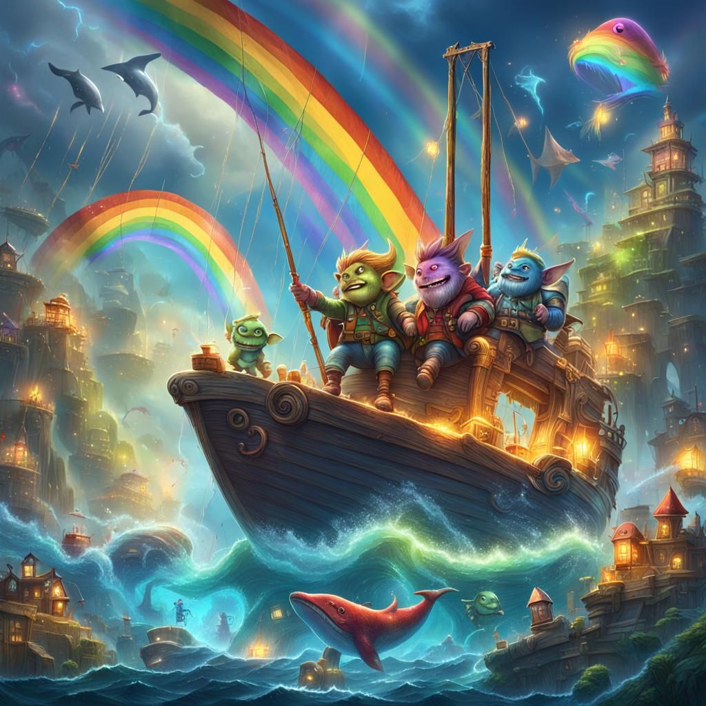 Majestic Rainbow Goblins with Whales in Electric Book