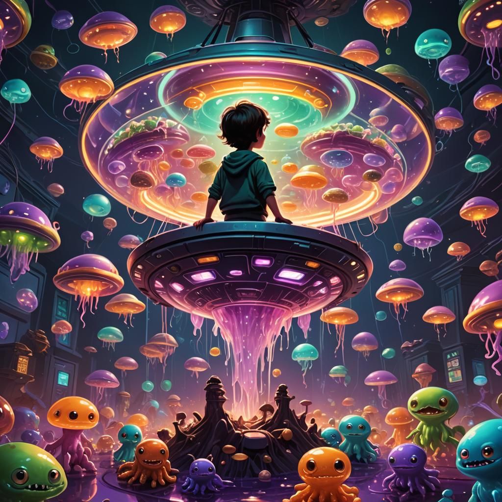 European Kid and Jelly Monsters in Dark Sci-Fi UFO