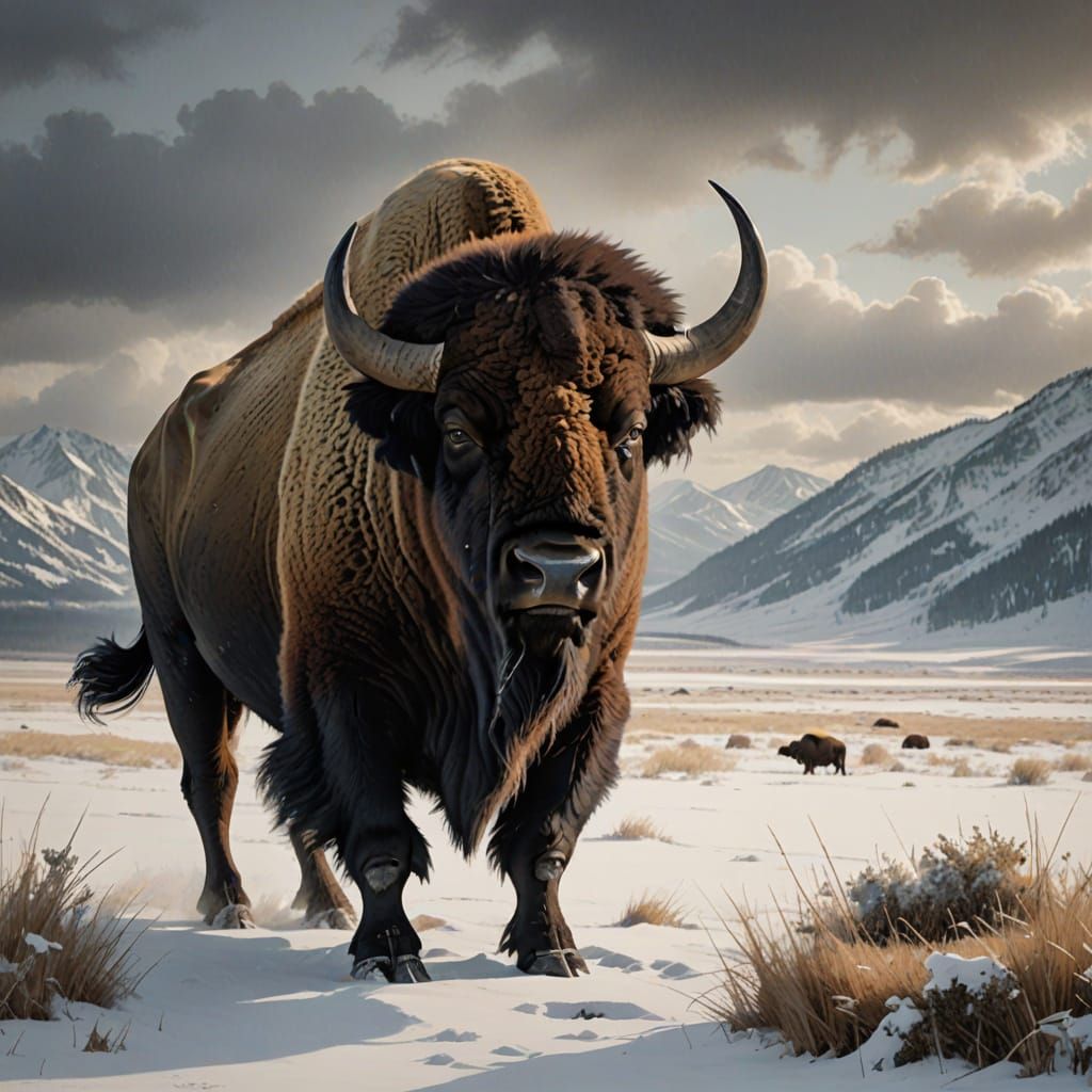 Majestic Bison Bull in Windswept Winter Landscape