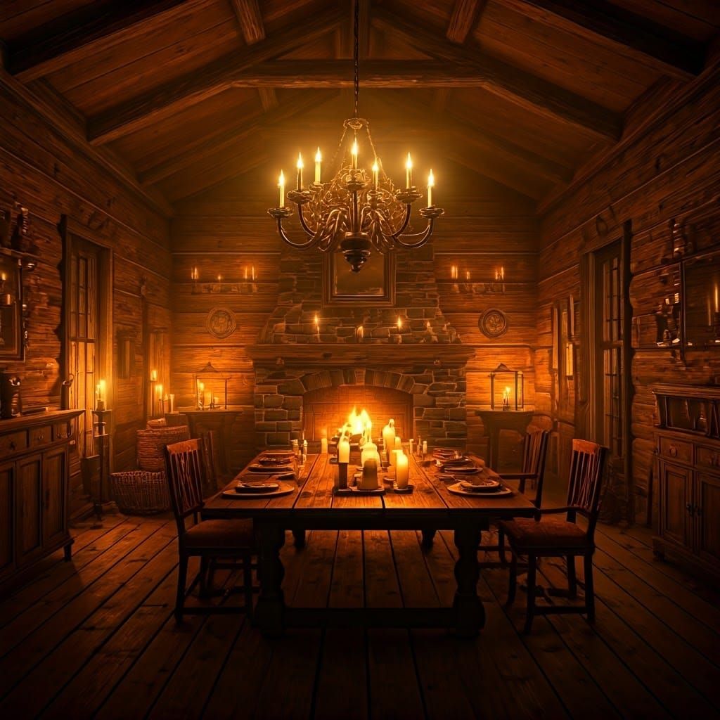 Cozy Cabin Interior with Fireplace and Rustic Table