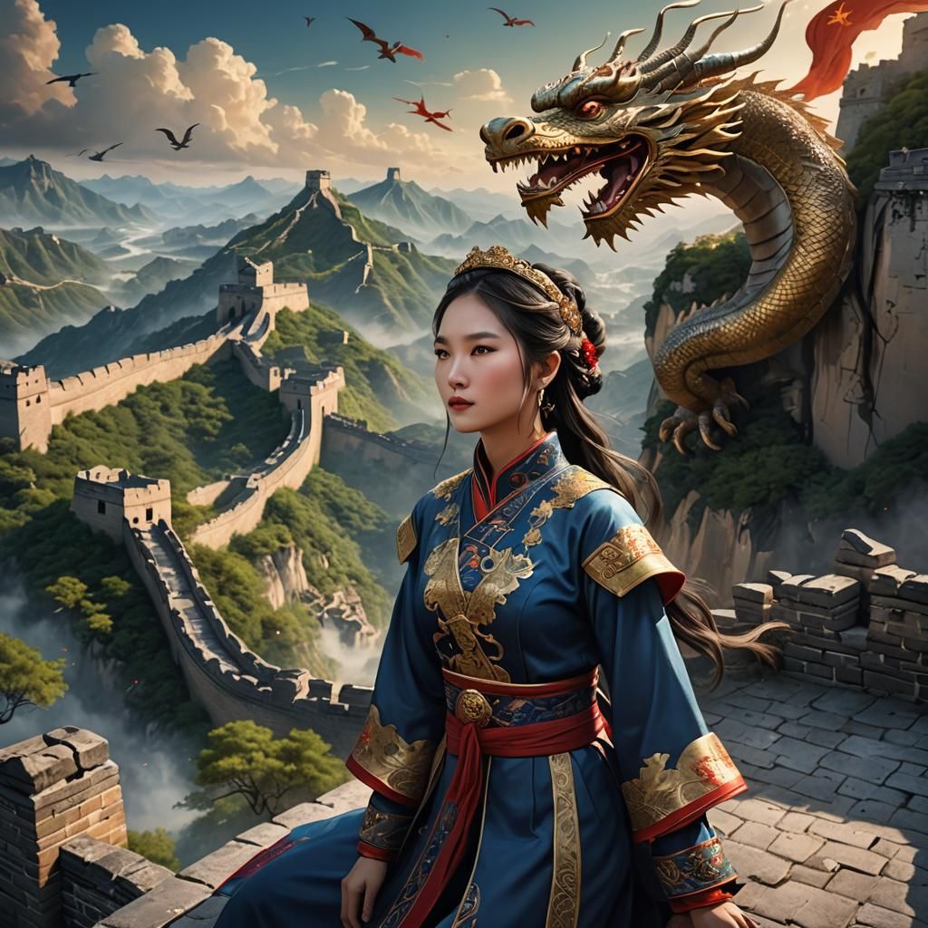 Chinese Beauty on the Great Wall with Dragon