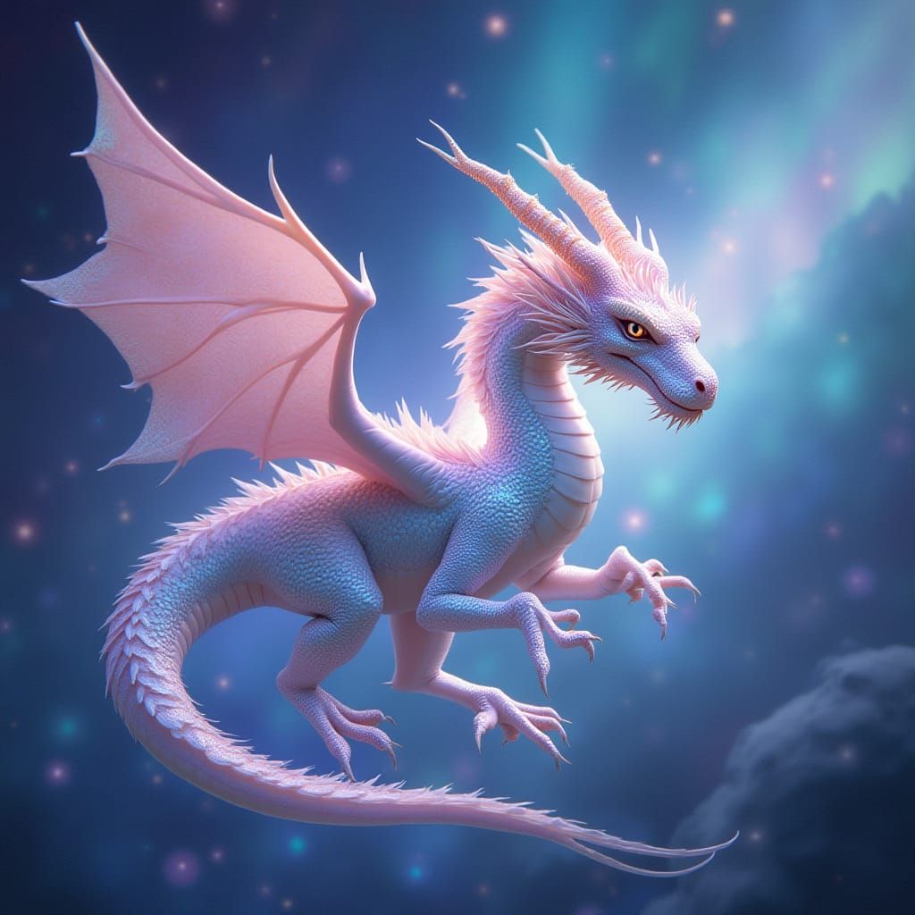 Pearlescent Divine Elegant Dragon Amidst Ethereal Northern L...