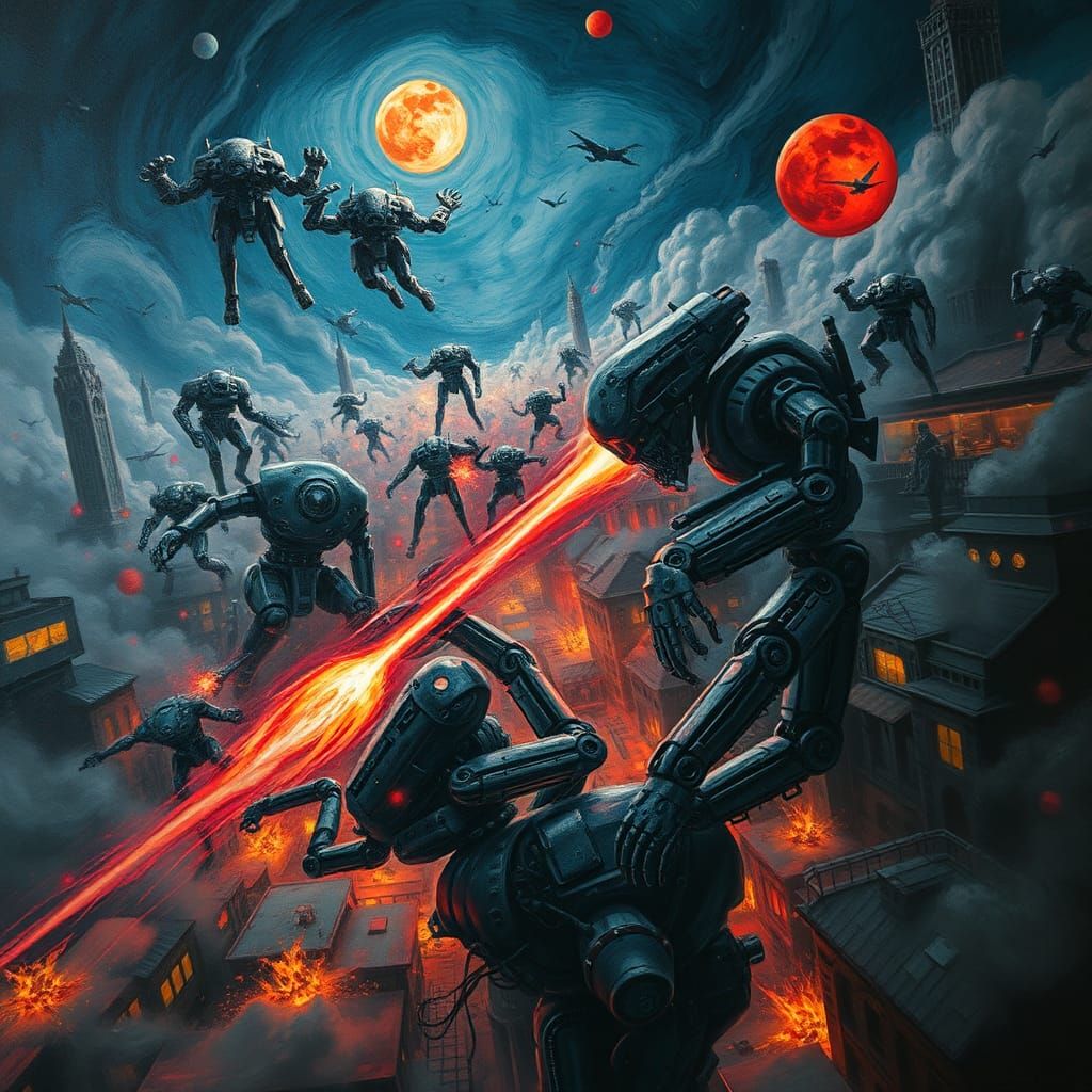 Robotic War in a Detailed Cityscape, Airbrush Painting Style