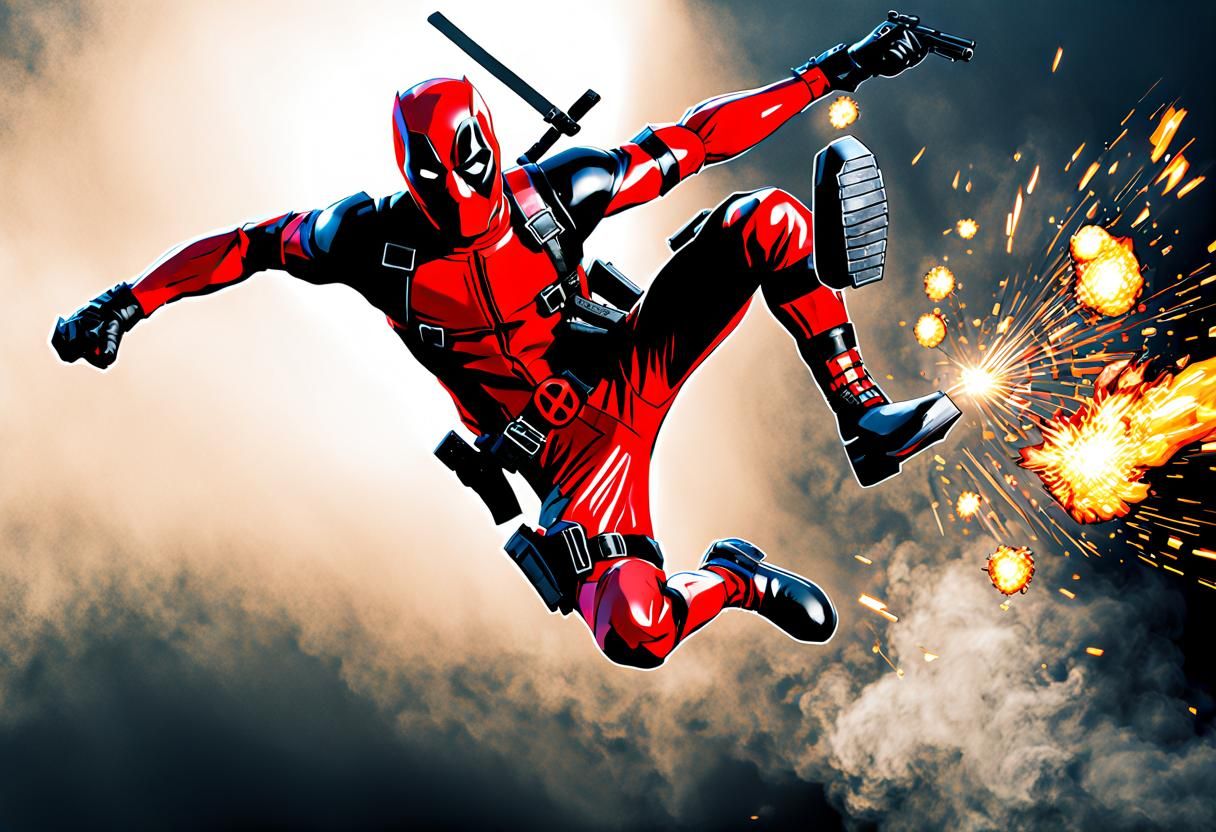 Deadpool-like Character Kicking Through Explosion