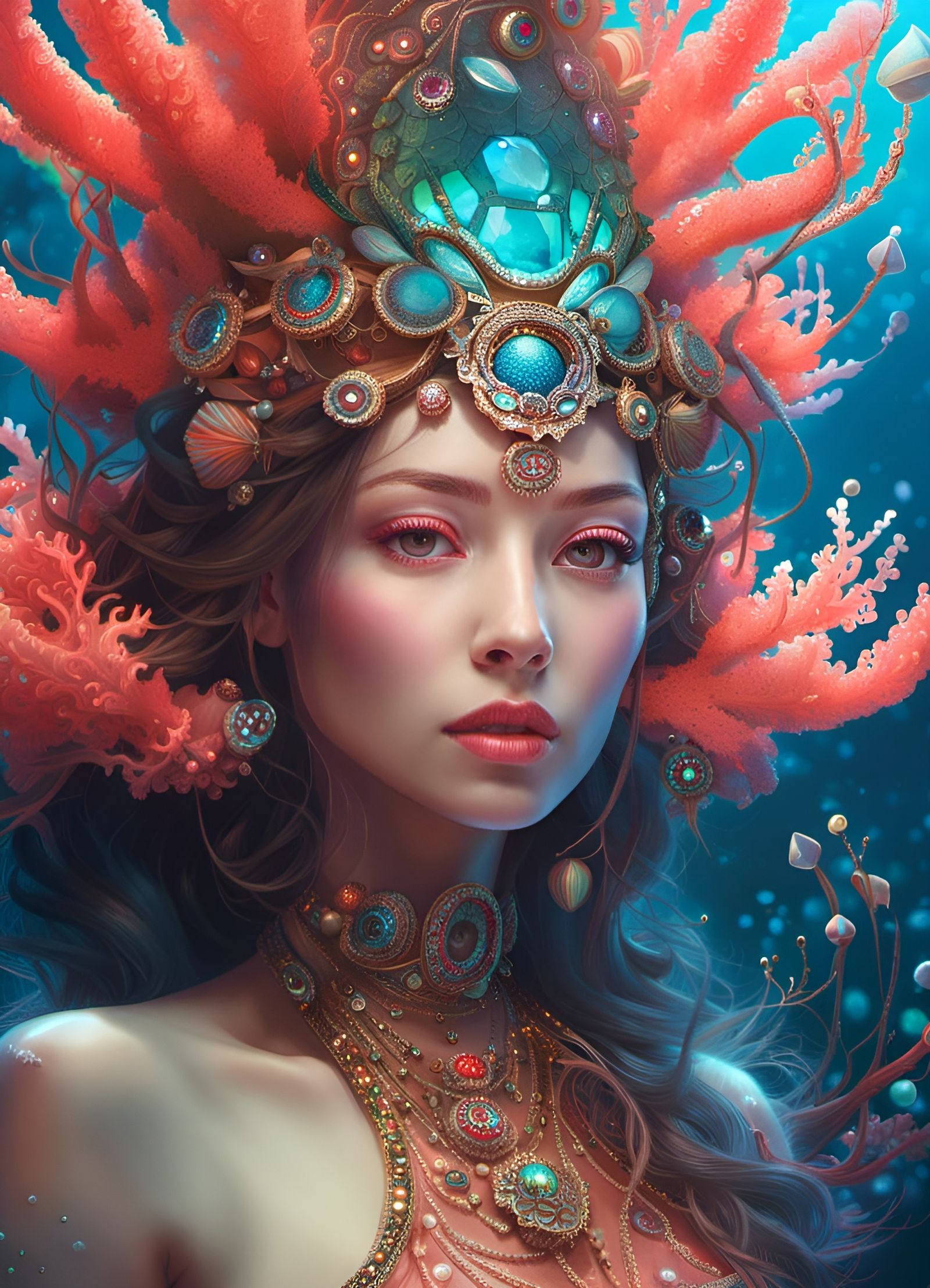 Bioluminescent Coral Pearl Goddess, Digital Art