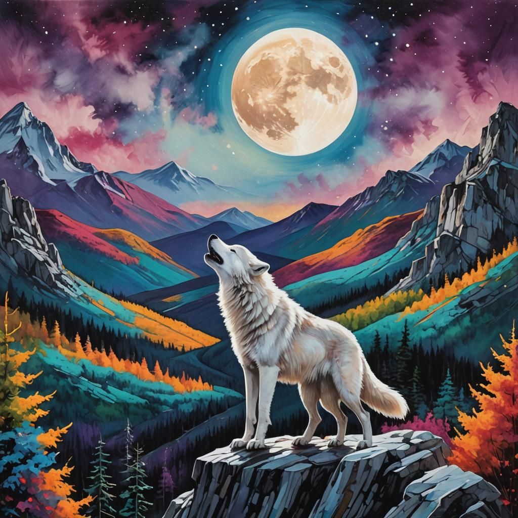 White Wolf Howling at Moon with Vibrant Shimmer