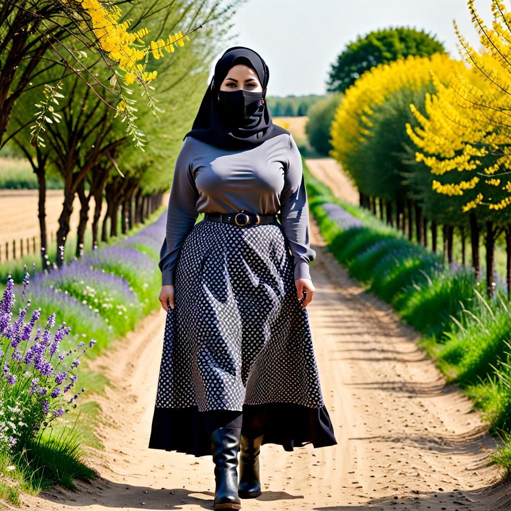 Middle Eastern Woman in Hijab Walking in Spring