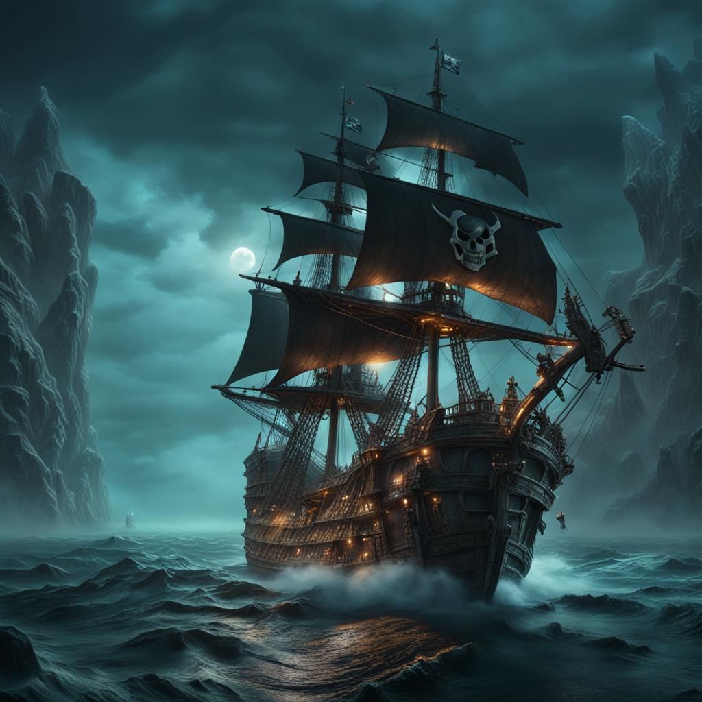 Skeleton Pirate Ship Sails Smokey Gulf Stream