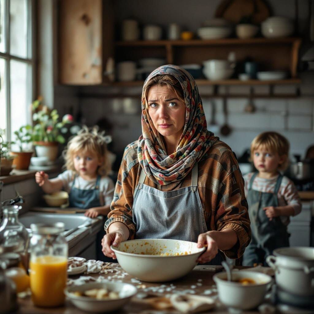 Exhausted Mother in Chaotic Kitchen, Overwhelmed by Children