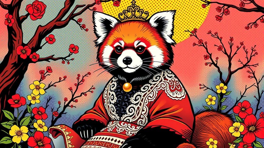 Vibrant Pop Art Red Panda in Delicate Lace
