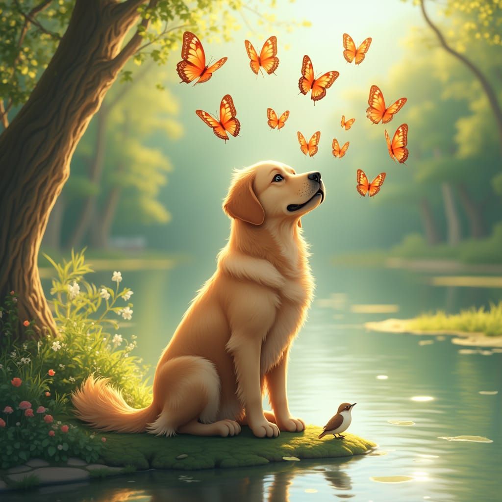 Photorealistic Golden Retriever with Butterflies in 3D Anime...