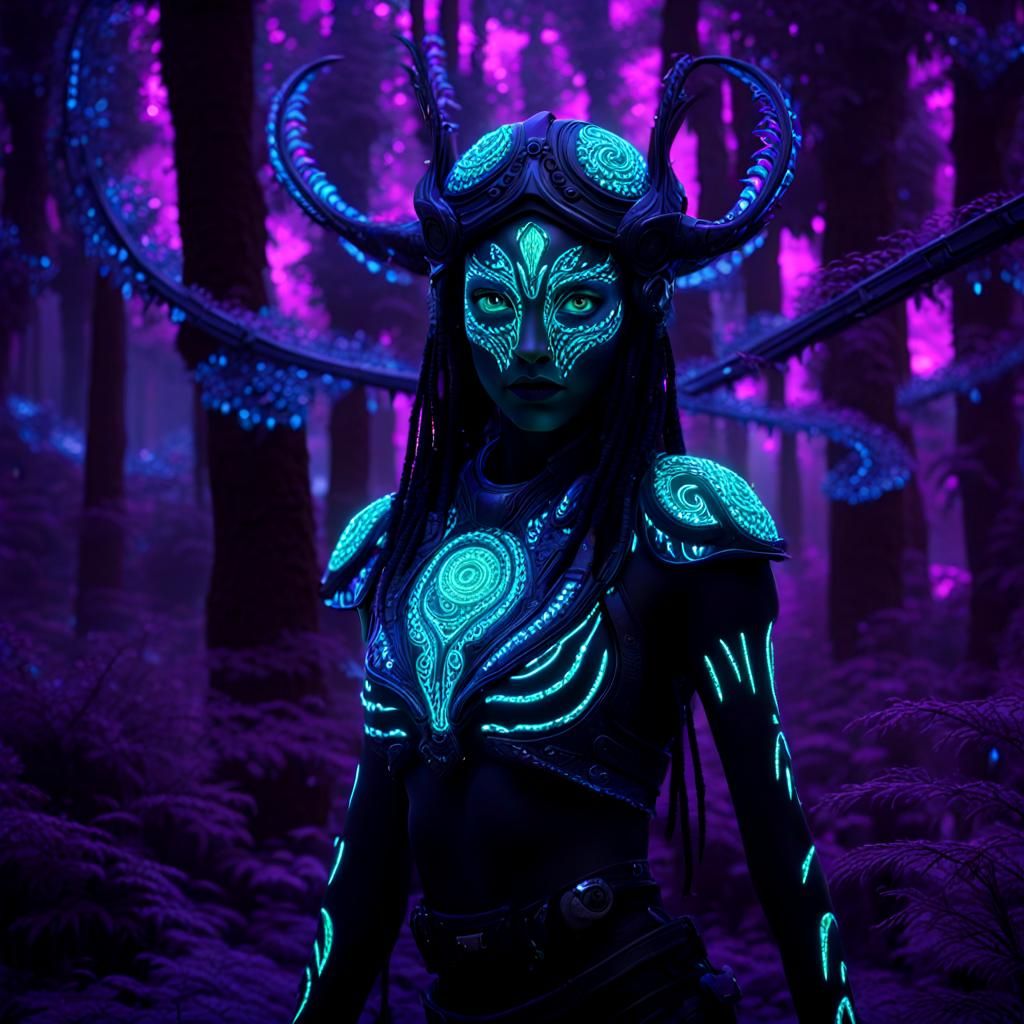 Neon Fractal Tribal Girl in Hyperphotorealistic 3D Render