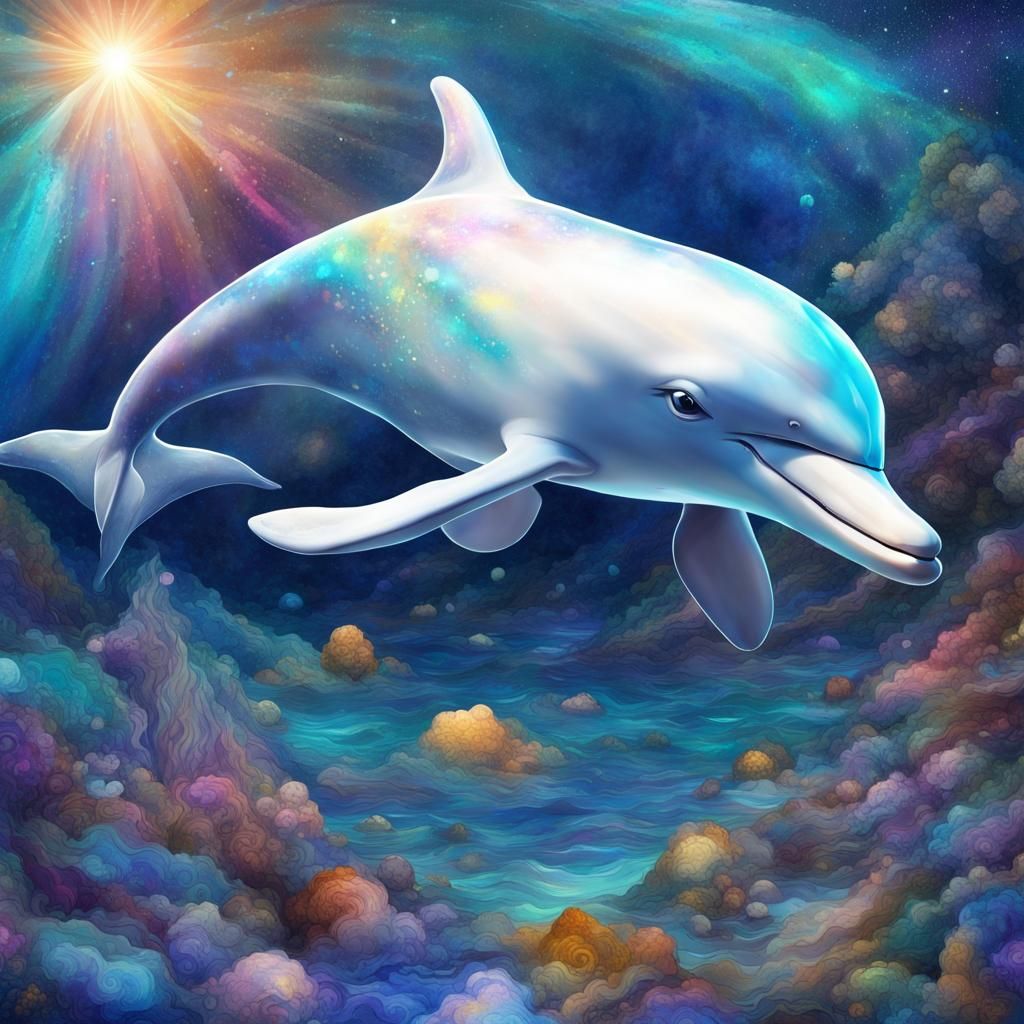Cute White Dolphin in Treasure Sea: Cosmic Illustration