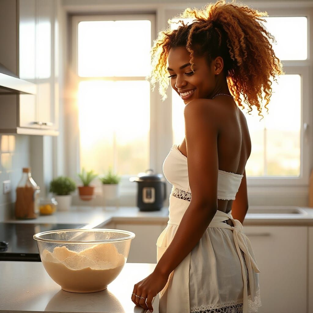 Afro Woman Baking in Modern Kitchen at Golden Hour