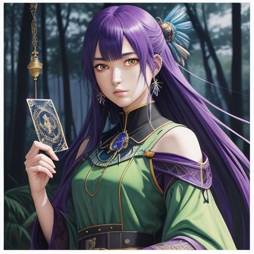 Mystical Anime Woman with Phoenix Tarot Card