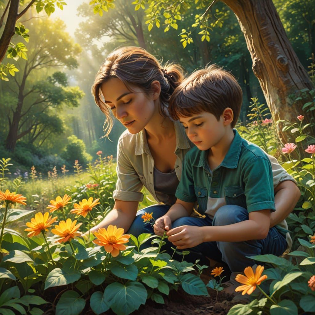 Mother and Son Planting Flower: Vibrant Oil Painting