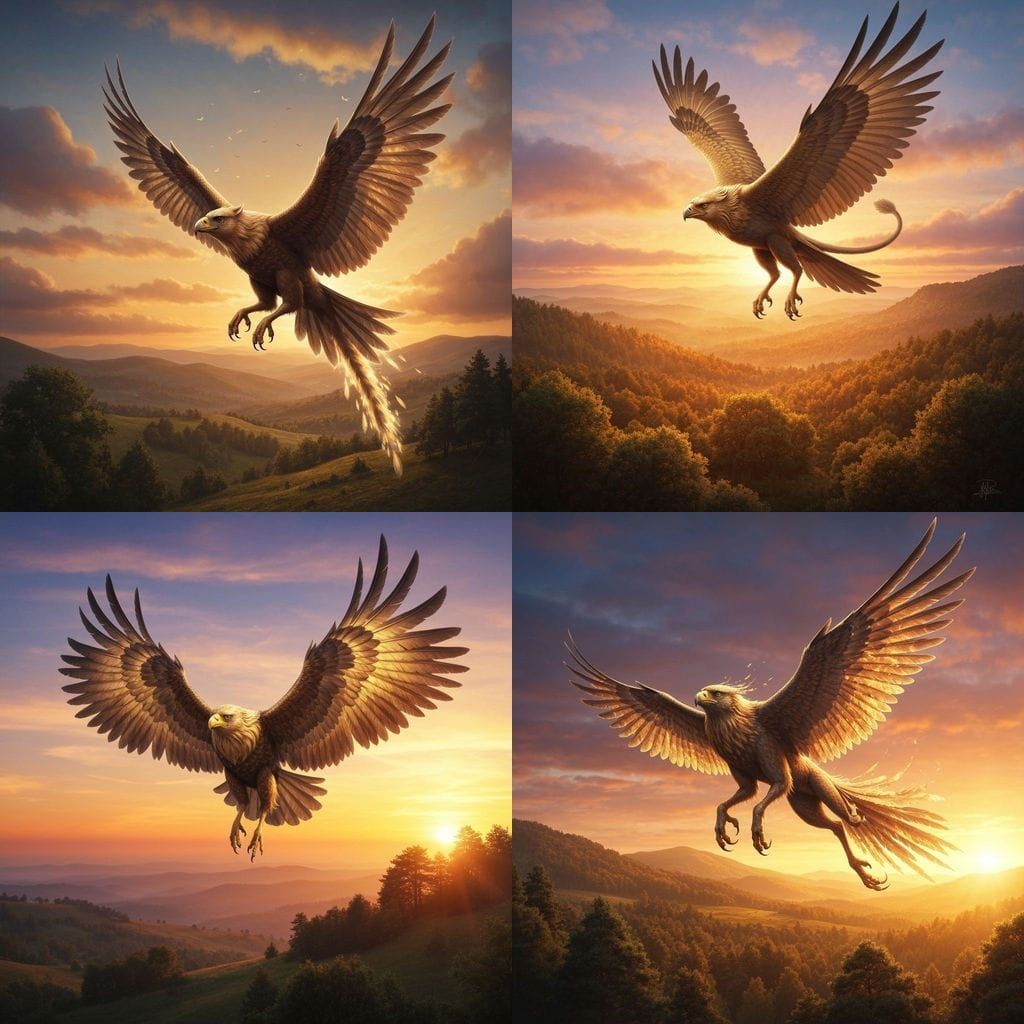 Griffin Soaring Through Sunset Sky in Hyperrealistic Style
