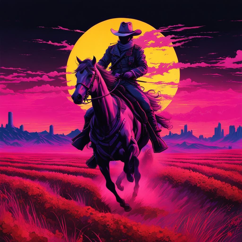 Cowboy in Decaying Vaporwave Battlefield